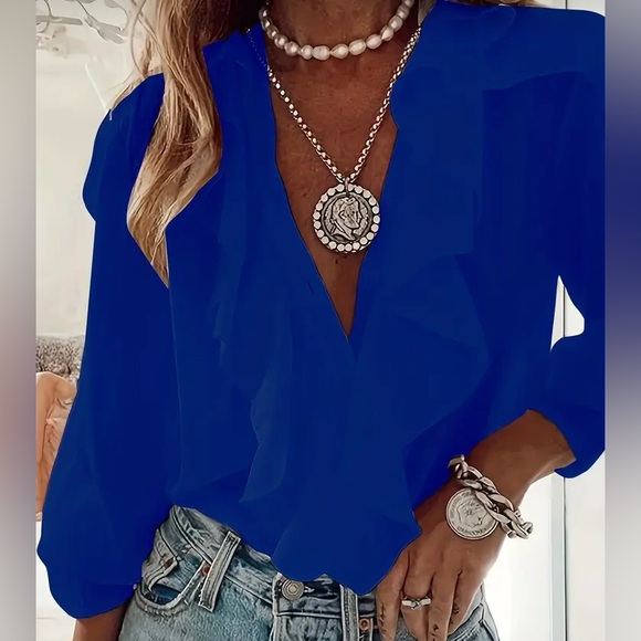 Private Boutique Tops - Women's Blue Ruffle Blouse